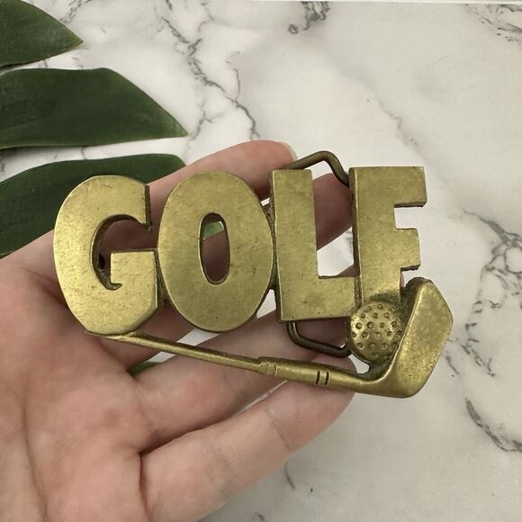 Vintage 70s Brass Belt Buckle Golf Word Art Club Ball Novelty Metal Taiwan main image 4